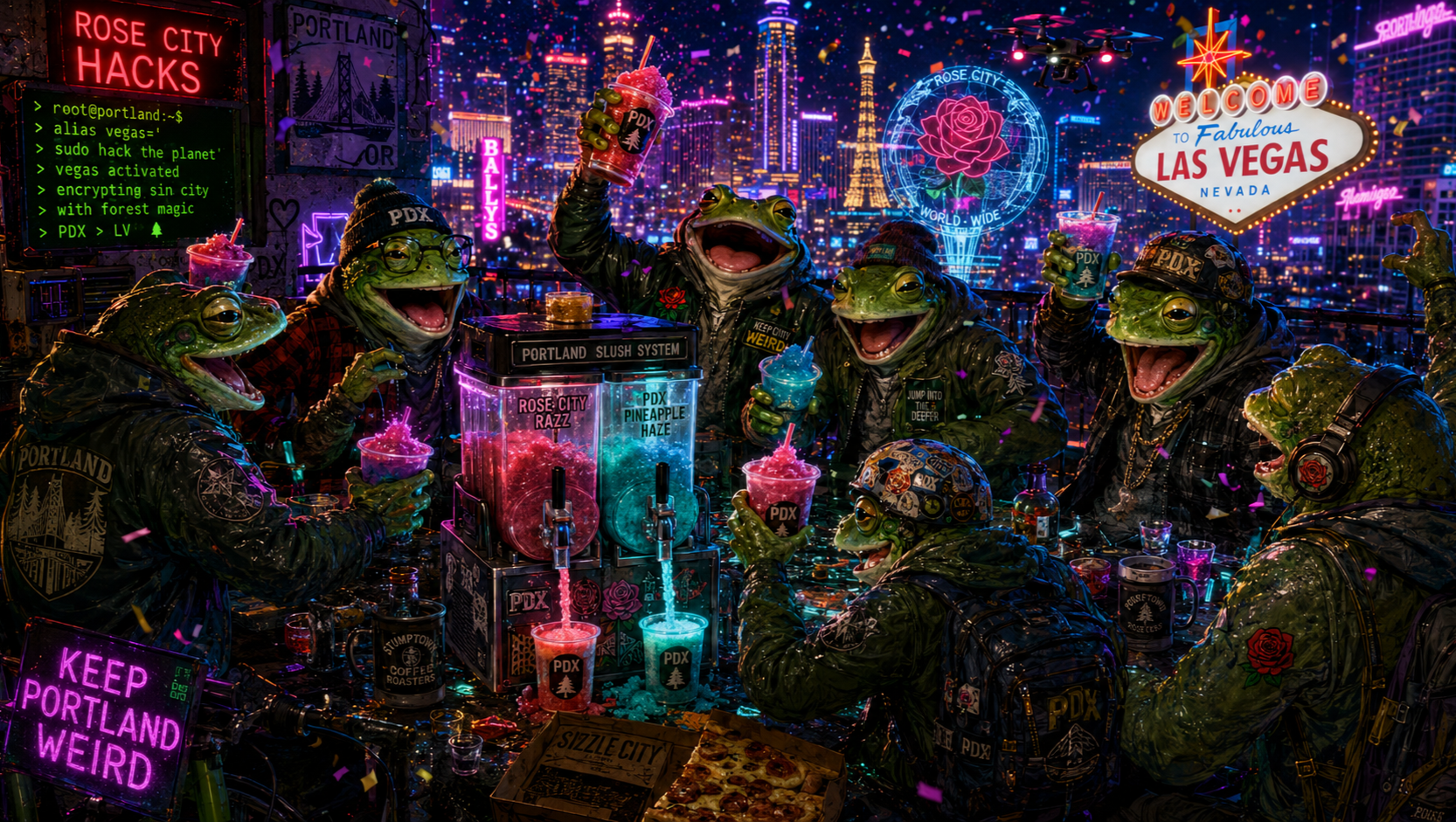 Neon Portland hacker frogs partying in Las Vegas